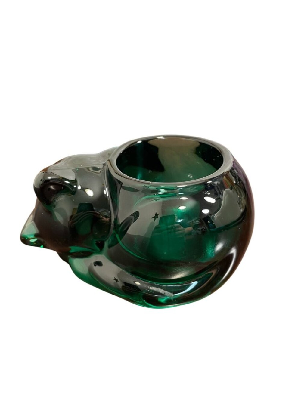 Vintage Indiana Glass Cat Votive Candle Holder Green Candle Lane Critters 1990s